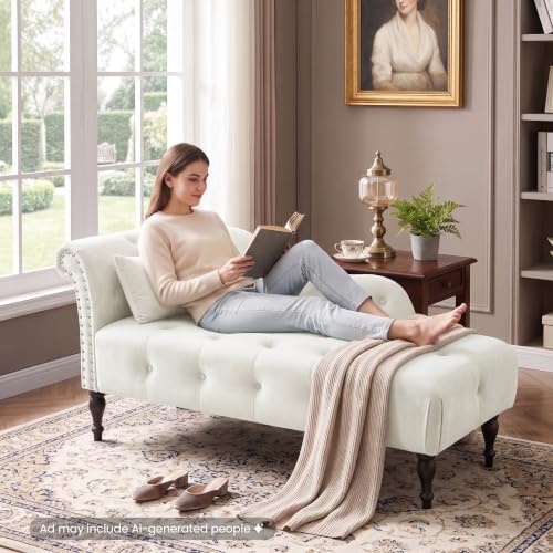 60.6" Buttons Tufted Chaise Lounge with Nailhead Trimmed Rolled Arm, White, view 6