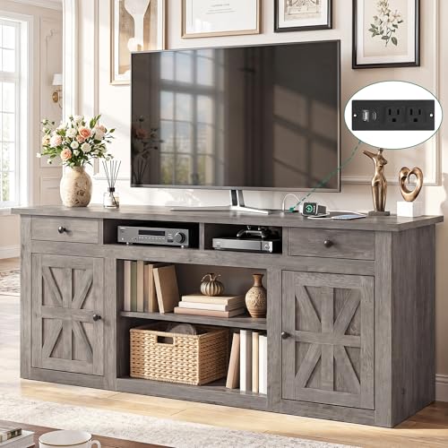 Farmhouse TV Stand with Storage Cabinets for 65" TV, Washed Gray, view 2