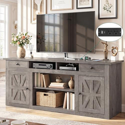 Farmhouse TV Stand with Storage Cabinets for 65" TV, Washed Gray, view 2