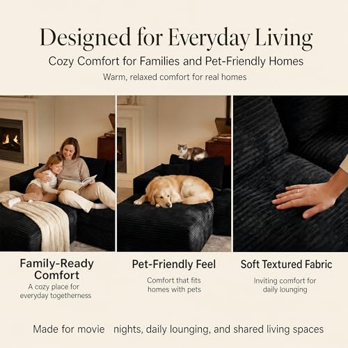 Boneless Modular Sectional Sofa, Left/Right-Facing Cloud Couch | Oversized deep seat, L-shaped design, soft corduroy fabric, ideal for living room, black.