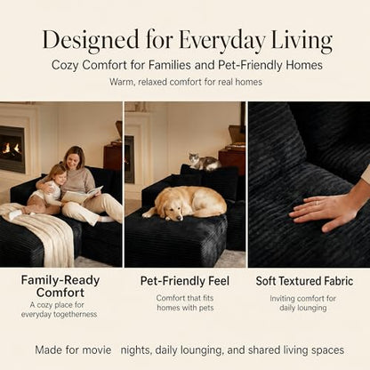 Boneless Modular Sectional Sofa, Left/Right-Facing Cloud Couch | Oversized deep seat, L-shaped design, soft corduroy fabric, ideal for living room, black.