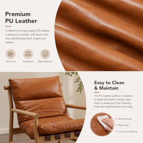 Faux Leather Accent Chair Mid Century Modern Living Room Chairs Comfy Arm Chair with Solid Wood Frame Upholstered Lounge Reading Chair Cozy Recliner for Guest Room/Bedroom, Brown, 7533AC