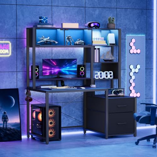 Computer Desk, 47.2" Gaming Desk with Hutch and LED Lights, view 4