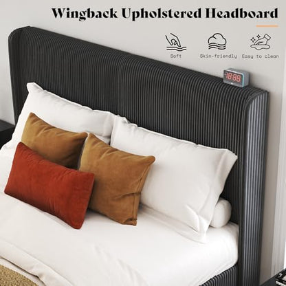 Queen Bed Frame, Upholstered Platform Bed with Corduroy Headboard, Black, view 4