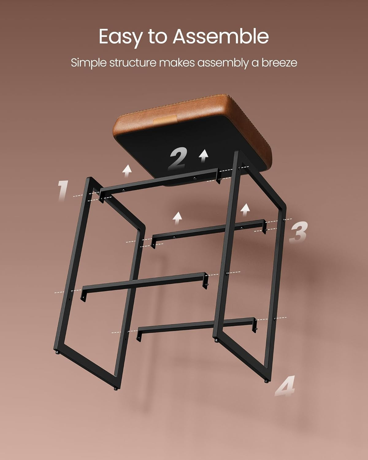 EKHO Collection - Bar Stools Set of 4, Counter Height Bar Stools, Synthetic Leather with Stitching, Mid-Century Modern Counter Stools, 26-Inch Tall, Kichen Home Bar Dining Room, Caramel Brown