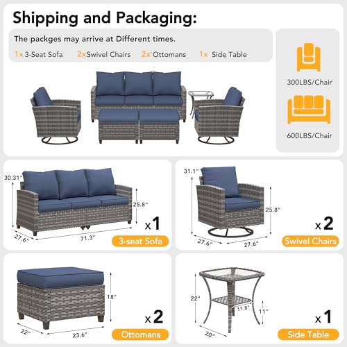 Patio Furniture Set, 6 Pcs Patio Outdoor Sectional, Wicker Outdoor Couch with Swivel Chair, Ottomans, Side Table, 4" Thick Cushion, for Garden Backyard Deck,Navy Blue