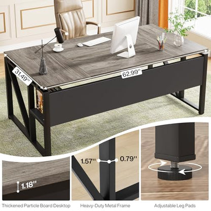 Tribesigns 63 inches Computer Desk with Bottom Storage Shelf Home Office Desk Writing Table for Workstation,Dark Walnut + Steel Leg， Cabinet not Included (Grey, 63-inch-with Shelf)