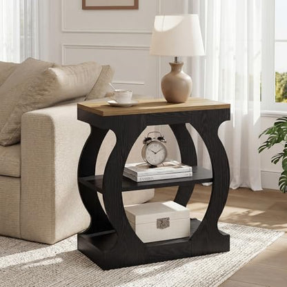 End Table with 3-Tier Storage, Narrow Side Table with Curved Frame, Wooden Nightstand for Living Room, Small Spaces, Bedroom, Rustic Brown & Black