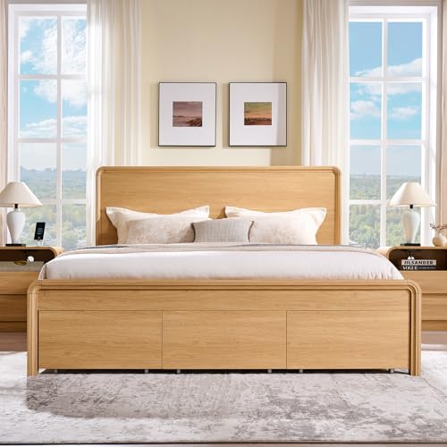 Modern King Size Bed Frame with 50" Tall Headboard, Natural Oak, view 4