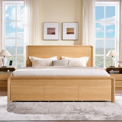 Modern King Size Bed Frame with 50" Tall Headboard, Natural Oak, view 4