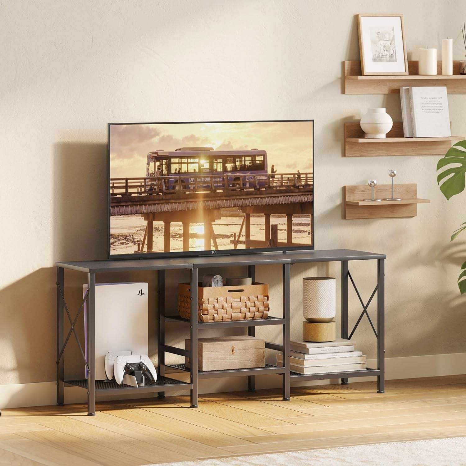 TV Stand for 55 Inch TV, Entertainment Center with 3-Tier Open Shelves, TV Console Table for Living Room, Bedroom, Black