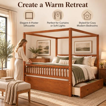 Mid Century Queen Size Wood Canopy Bed Frame, Walnut Posters Platform Beds, view 7