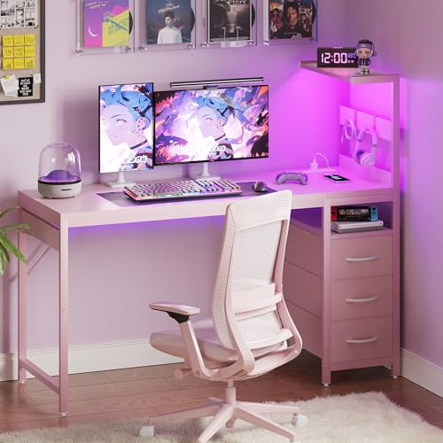 48 Inch Gaming Computer Desk with Led Lights, Small Desk with Storage Shelves and Drawers, Reversible Compact Gamer Table for Home Office, Carbon Fiber Pink