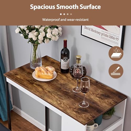 3 Piece Dining Table Set Kitchen Bar Table with Two Stool Storage Shelves Wood Counter Height Table Top with Sew Kerf Finish Dining Room Home