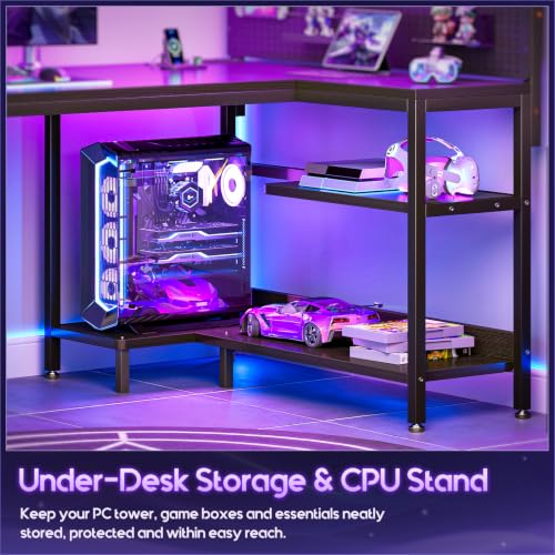 55" L Shaped Gaming Desk with Pegboard Hutch, LED Lights, Black, view 7