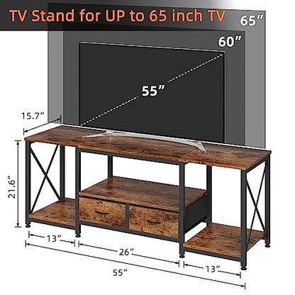 TV Stand with Fabric Drawer - Entertainment Center and Industrial TV Console Table with Open Storage Shelves for Living Room, Bedroom - 55.1" Rustic Brown