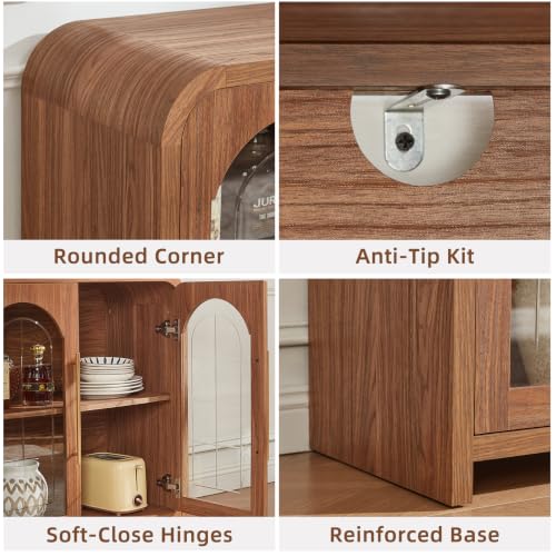 65" Sideboard Buffet Cabinet with Arched Glass Doors, Brown, view 7