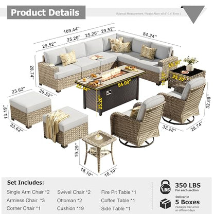 Outdoor Sectional Patio Furniture Set with Fire Pit Table,13 Pieces Wicker Conversation Sets L Shaped Couch,Extra Deep Out Door Sofa Outside Furniture with Swivel Chairs Ottomans,Light Gray