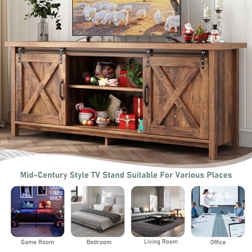 Farmhouse TV Stand for 55-65in TV with Adjustable Shelves & Sliding Barn Door - Rustic, Wooden Entertainment Center & Media Cabinet for Bedroom, Living Room (Dark Brown, 58in)