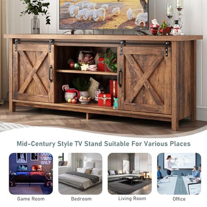 Farmhouse TV Stand for 55-65in TV with Adjustable Shelves & Sliding Barn Door - Rustic, Wooden Entertainment Center & Media Cabinet for Bedroom, Living Room (Dark Brown, 58in)