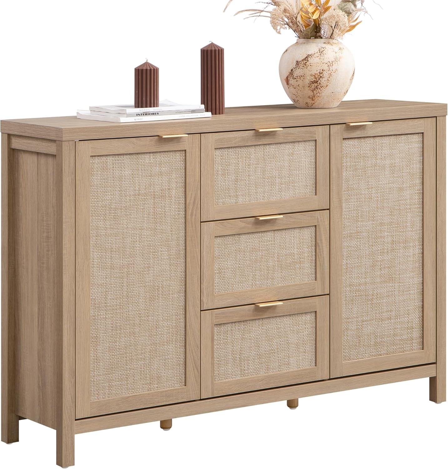 52" Larger Sideboard Buffet Coffee Bar Cabinet with Storage - Farmhouse Rattan Credenza Storage Cabinet with 3 Drawers and 2 Doors, Boho Console Table for Living Room, Kitchen, Light Oak