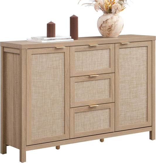 52" Larger Sideboard Buffet Coffee Bar Cabinet with Storage - Farmhouse Rattan Credenza Storage Cabinet with 3 Drawers and 2 Doors, Boho Console Table for Living Room, Kitchen, Light Oak