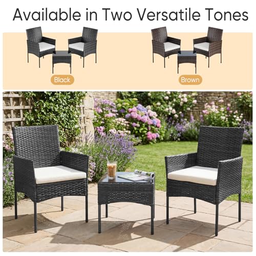 3-Piece Patio Furniture Set, Outdoor Wicker Rattan Chairs with Removable Cushion & Tempered Glass Table, Conversation Set Furniture for Porch, Balcony, Deck - Black