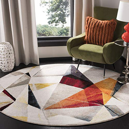 SAFAVIEH Porcello Collection Area Rug - 6'7" Round, Light Grey & Orange, Modern Abstract Design, Non-Shedding & Easy Care, Ideal for High Traffic Areas in Living Room, Bedroom (PRL6940F)