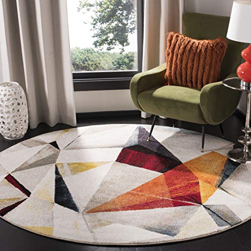 SAFAVIEH Porcello Collection Area Rug - 6'7" Round, Light Grey & Orange, Modern Abstract Design, Non-Shedding & Easy Care, Ideal for High Traffic Areas in Living Room, Bedroom (PRL6940F)