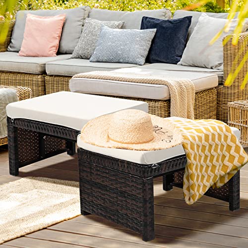 2 Piece Outdoor Wicker Ottomans, Patio Rattan Footstool with Cushions, Solid Steel Frame, Multifunctional Ottomans for Poolside Backyard Balcony