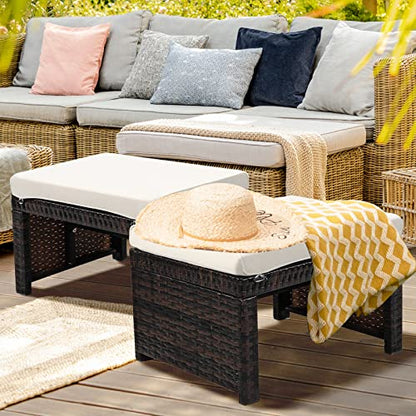 2 Piece Outdoor Wicker Ottomans, Patio Rattan Footstool with Cushions, Solid Steel Frame, Multifunctional Ottomans for Poolside Backyard Balcony