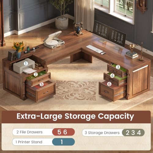 72.8" Large L Shaped Executive Desk with 5 Storage Drawers & Charging Station, view 7