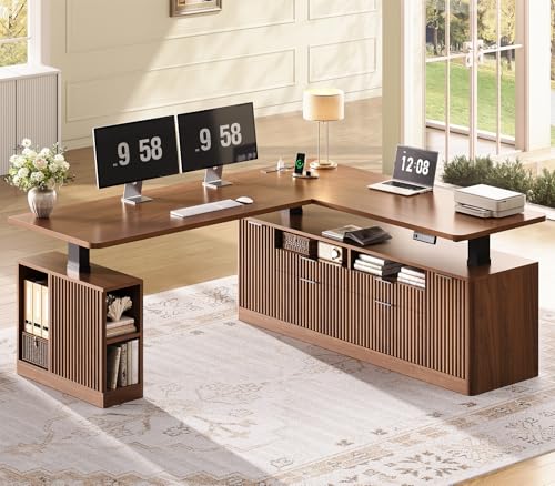 Fluted L Shaped Executive Electric Standing Desk with 4 Drawers, view 2