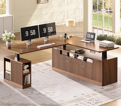 Fluted L Shaped Executive Electric Standing Desk with 4 Drawers, view 2