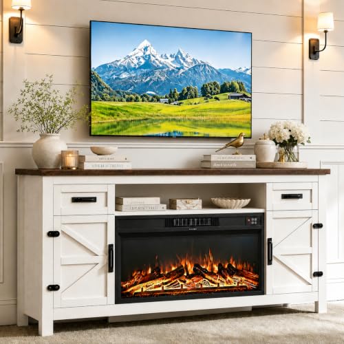 Fireplace TV Stand with Barn Door, 70 inch, White, view 2