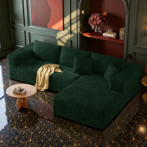 107" Sectional Boneless Couches for Living Room.Deep Seat Corduroy L Shaped Modular Sofa.Cloud Sectional Sofa.Upholstered Couches with Oversized Chaise(Green,Right Chaise)