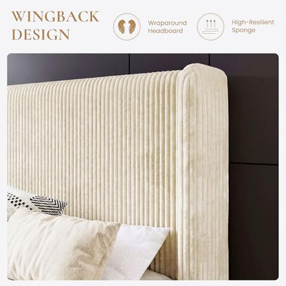 Queen Corduroy Platform Bed with Tufted Wingback Headboard/Cream, view 6