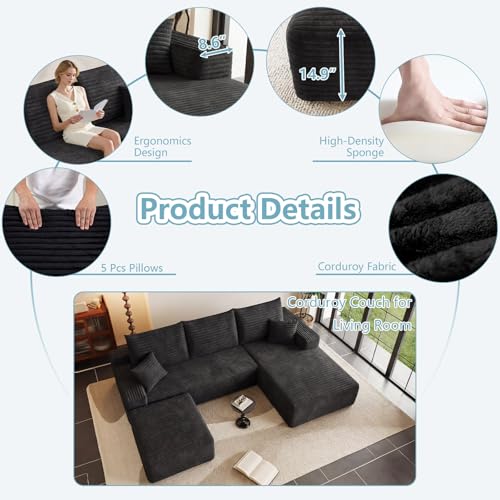 95" Cloud Sectional Couch with Ottoman,Modern U-Shaped Cloud Couch with Deep Seat,Comfy Corduroy 3-Seater Sofa,Memory Foam Sofa for Living Room,No Assembly (Black,Right-Facing Chaise)