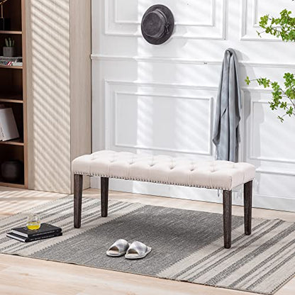 Button-Tufted Ottoman Bench, Upholstered Bedroom Benches Velvet Footrest Stool Accent Bench for Entryway Dining Room Living Room Bedroom End of Bed, Beige