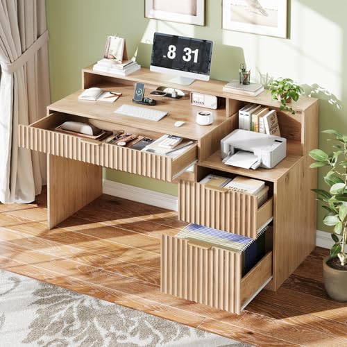 Fluted Computer Desk with Drawers, Home Office Desk with Power Outlets, Printer Stand and Storage Cabinet, Study Writing Desks with Long Monitor Stand, Oak