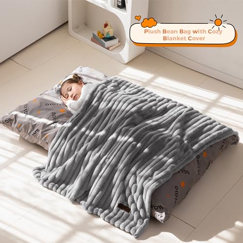 3 in 1 Kids Bean Bag Chair, Convertible Child Chair Folds Bean Bag with Removed Cover, Soft Fur Fabric Floor Couch with High-Density Foam Filling for Living Room Bedroom, Grey