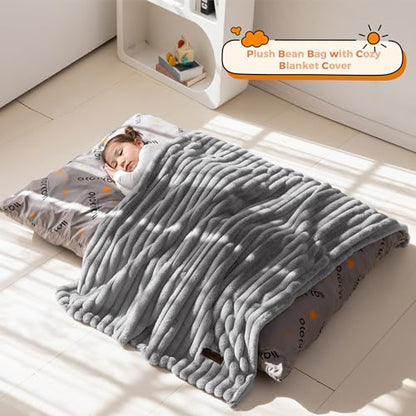 3 in 1 Kids Bean Bag Chair, Convertible Child Chair Folds Bean Bag with Removed Cover, Soft Fur Fabric Floor Couch with High-Density Foam Filling for Living Room Bedroom, Grey