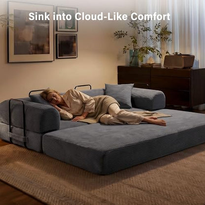 79" Convertible Sofa Bed, 5-in-1 Corduroy Boneless Couch Bed Sofa Pull Out, Memory Foam Couch, No Assembly Futon Couches for Living Room Dark Grey