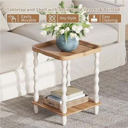 End Table, 2-Tier Farmhouse Side Table, 18.9'' Handcrafted Weathered Wooden Nightstand, Pine Leg, Square Arc Small End Tables for Living Room, Small Space, Bedroom, Boho, Easy Assembly, Beige