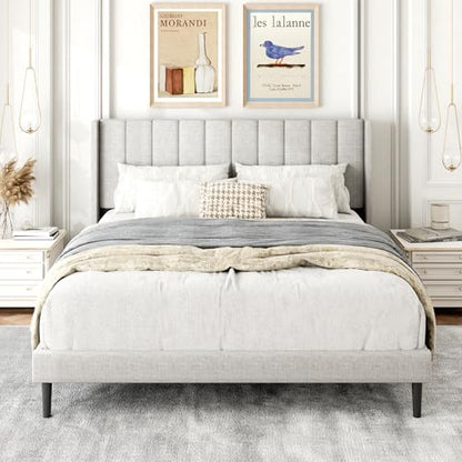 Queen Size Bed Frame with Upholstered Wingback Headboard, view 2