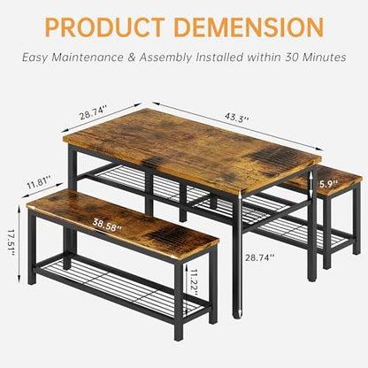 3-Piece Dining Table Set, Industrial Kitchen Table and Chairs Set for 4, Dining Table and 2 Benches with Storage Shelf, Dining Table Set for Dining Room Kitchen, Rustic Brown