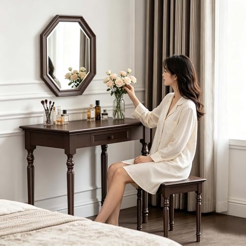 Walnut Writing Desks with Drawers, 35" Solid Wood French Country Style Computer Desk for Home Office, Living Room Study or Workspace