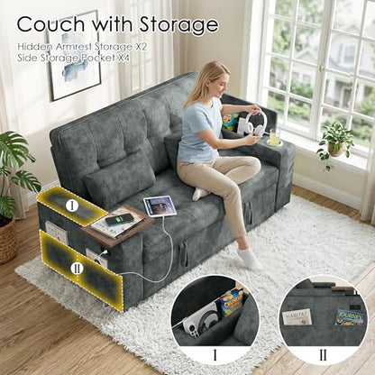 65in Sleeper Sofa Bed, 3 in 1 Pull Out Couch with Chenille Fabric Convertible Loveseat for LivingRoom and Apartment (Darkgrey)