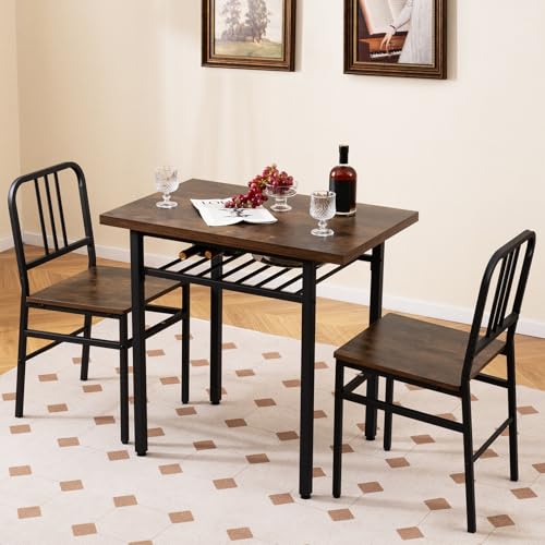 3-Piece Dining Table Set, Rectangular Kitchen Table with Storage Rack and 2 Dining Chairs, Heavy-Duty Metal Frame, Space-Saving Dinette Set for Breakfast Nook, Apartment (Brown + Black)