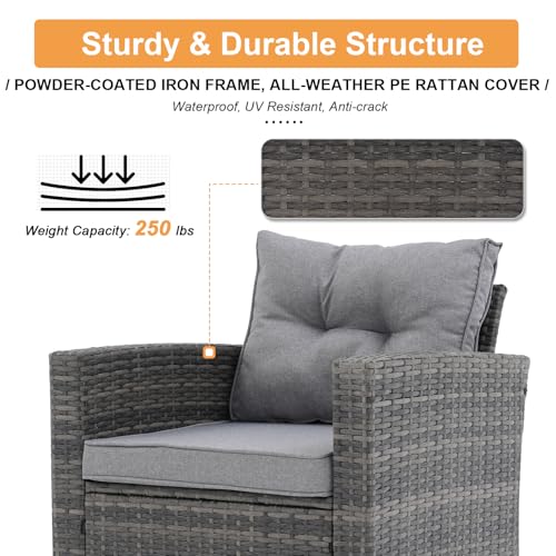 8 Pieces Outdoor Patio Furniture Set with 45” Fire Pit Table, Rattan Patio Conversation Sets with 50000 BTU Gas Fire Pit, Wicker Sectional Sofa Set with Storage Box, Gray (Without Table)